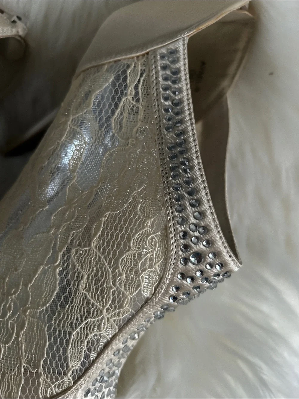 Michaelangelo Champagne Lace Peep-Toe Heels with Rhinestones
